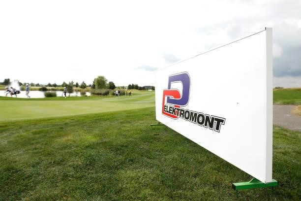 Detailed view of D+D Elektromont branding is seen during Day Two of The D+D Real Czech Masters at Albatross Golf Resort on August 20, 2021 in Prague,...