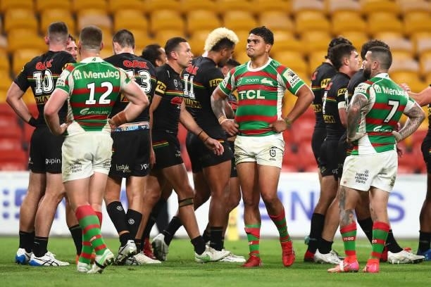 Latrell Mitchell of the Rabbitohs looks dejected after conceding a try during the round 23 NRL match between the Penrith Panthers and the South...