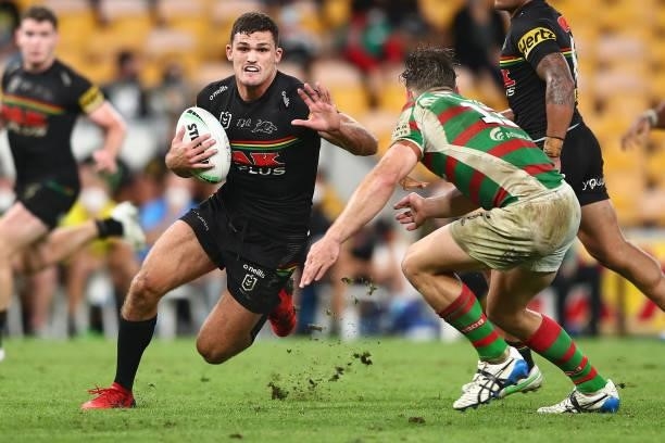 Nathan Cleary of the Panthers is tackled by Cameron Murray of the Rabbitohs during the round 23 NRL match between the Penrith Panthers and the South...