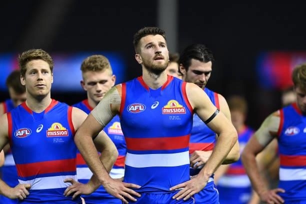 Marcus Bontempelli of the Bulldogs looks dejected following the round 23 AFL match between Western Bulldogs and Port Adelaide Power at Marvel Stadium...