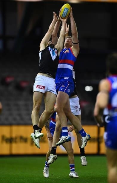 Alex Keath of the Bulldogs takes a mark during the round 23 AFL match between Western Bulldogs and Port Adelaide Power at Marvel Stadium on August...