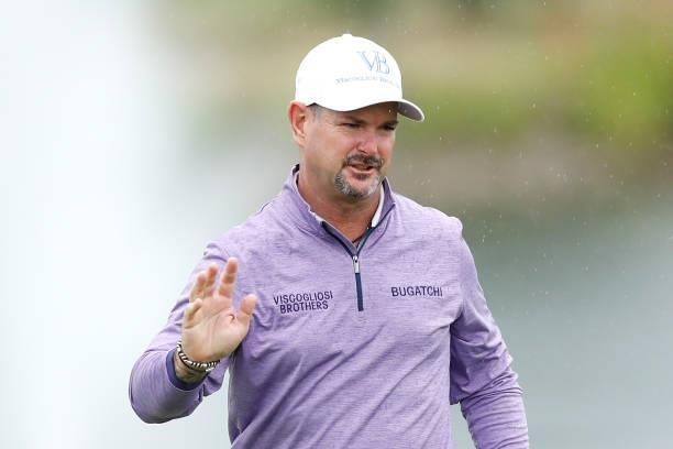 Rory Sabbatini of Slovakia acknowledges the fans on the ninth hole during Day Two of The D+D Real Czech Masters at Albatross Golf Resort on August...