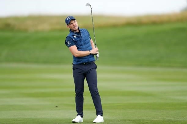Danny Willett of England plays a shot on the ninth hole during Day Two of The D+D Real Czech Masters at Albatross Golf Resort on August 20, 2021 in...