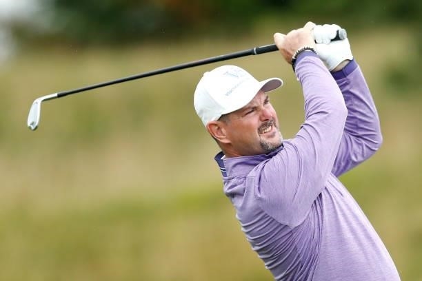 Rory Sabbatini of Slovakia reacts after he plays a shot on the ninth hole during Day Two of The D+D Real Czech Masters at Albatross Golf Resort on...