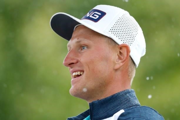 Adrian Meronk of Poland smiles on the 10th hole during Day Two of The D+D Real Czech Masters at Albatross Golf Resort on August 20, 2021 in Prague,...