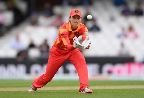 Phoenix wicketkeeper Amy Jones in action during the Eliminator match of The Hundred between Oval Invincibles Women and Birmingham Phoenix Women at...