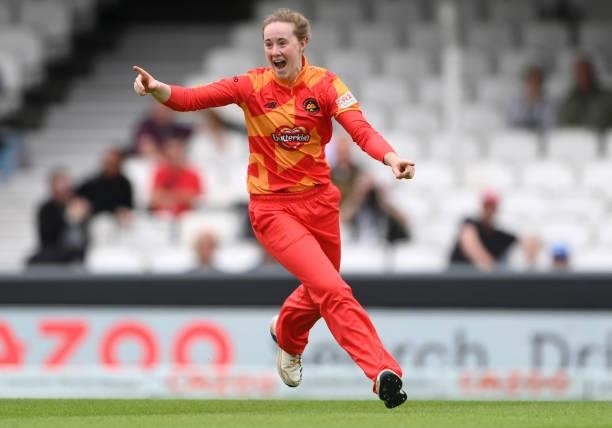 Phoenix bowler Kirstie Gordon celebrates after catching Oval batter Fran Wilson off her own bowling during the Eliminator match of The Hundred...