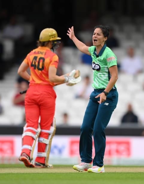 Oval bowler Marizanne Kapp celebrates after dismissing Phoenix batter Eve Jones during the Eliminator match of The Hundred between Oval Invincibles...