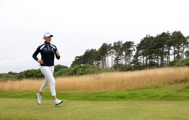 Madelene Sagstrom of Sweden running down the 14th fairway during the second round of the AIG Women's Open at Carnoustie Golf Links on August 20, 2021...