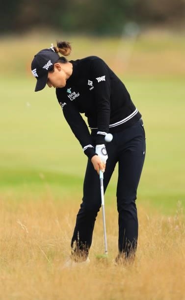 Lydia Ko of New Zealand plays her second shot on the fourth hole during Day Two of the AIG Women's Open at Carnoustie Golf Links on August 20, 2021...