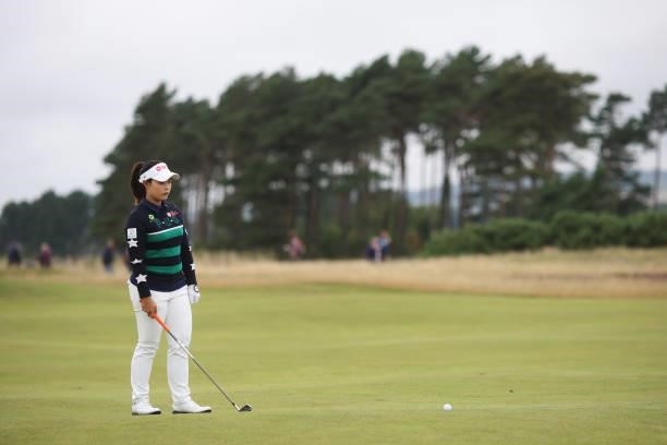 Moriya Jutanugarn of Thailand lines up her second shot on the fourteenth hole during Day Two of the AIG Women's Open at Carnoustie Golf Links on...