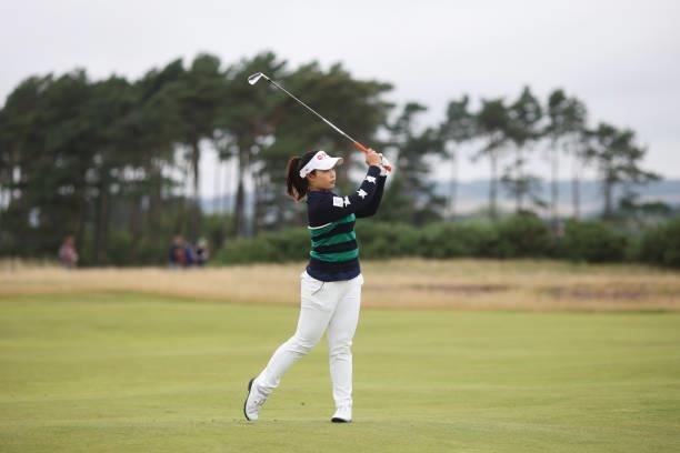 Moriya Jutanugarn of Thailand plays her second shot on the fourteenth hole during Day Two of the AIG Women's Open at Carnoustie Golf Links on August...