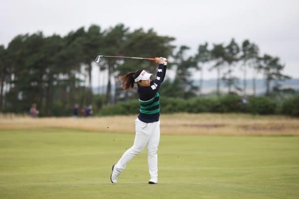 Moriya Jutanugarn of Thailand plays her second shot on the fourteenth hole during Day Two of the AIG Women's Open at Carnoustie Golf Links on August...