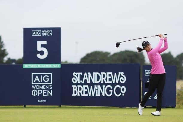 Andrea Lee of The United States tees off on the fifth hole during Day Two of the AIG Women's Open at Carnoustie Golf Links on August 20, 2021 in...