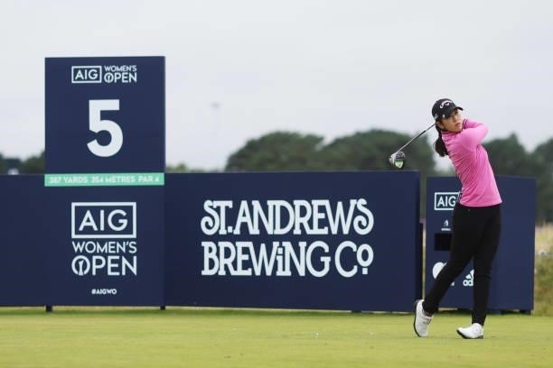 Andrea Lee of The United States tees off on the fifth hole during Day Two of the AIG Women's Open at Carnoustie Golf Links on August 20, 2021 in...