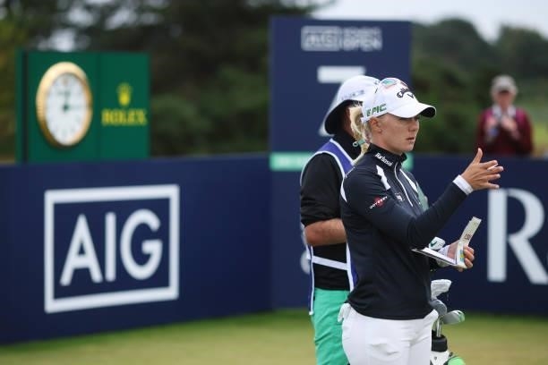 Madelene Sagstrom of Sweden talks with her caddie on the seventh tee during Day Two of the AIG Women's Open at Carnoustie Golf Links on August 20,...