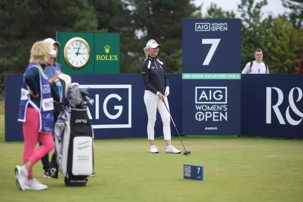 Madelene Sagstrom of Sweden looks on from the seventh tee during Day Two of the AIG Women's Open at Carnoustie Golf Links on August 20, 2021 in...