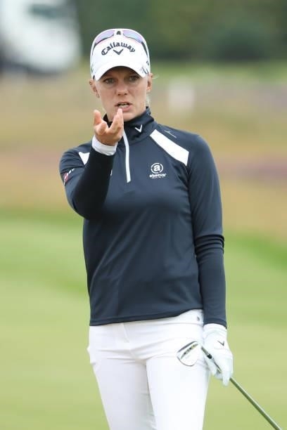 Madelene Sagstrom of Sweden gestures on the seventh hole during Day Two of the AIG Women's Open at Carnoustie Golf Links on August 20, 2021 in...