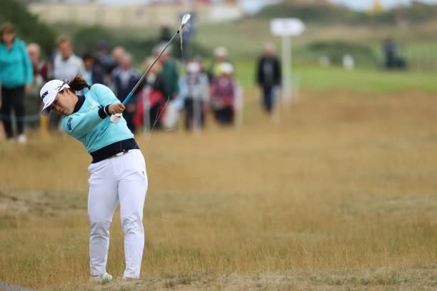 Nasa Hataoka of Japan plays her second shot on the seventh hole during Day Two of the AIG Women's Open at Carnoustie Golf Links on August 20, 2021 in...