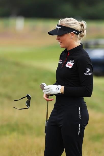 Sunglasses fall off Charley Hull of England after playing her second shot on the seventh hole during Day Two of the AIG Women's Open at Carnoustie...