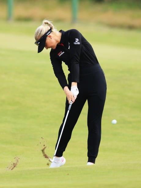 Charley Hull of England plays her second shot on the sixth hole during Day Two of the AIG Women's Open at Carnoustie Golf Links on August 20, 2021 in...