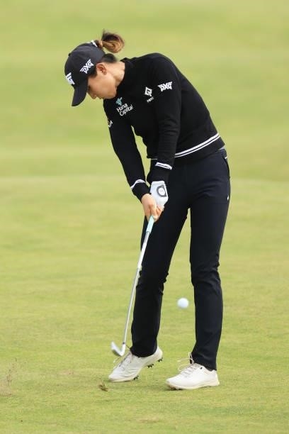 Lydia Ko of New Zealand plays her third shot on the sixth hole during Day Two of the AIG Women's Open at Carnoustie Golf Links on August 20, 2021 in...