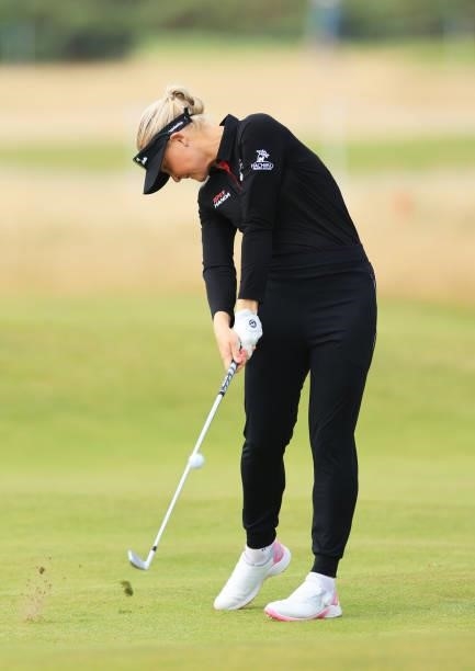 Charley Hull of England plays her second shot on the fifth hole during Day Two of the AIG Women's Open at Carnoustie Golf Links on August 20, 2021 in...