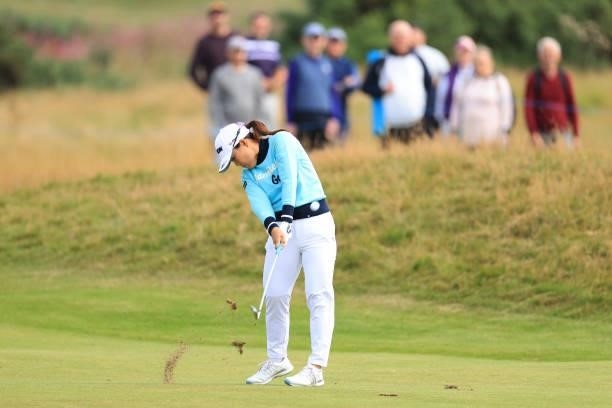 Nasa Hataoka of Japan plays her second shot on the fourth hole during Day Two of the AIG Women's Open at Carnoustie Golf Links on August 20, 2021 in...
