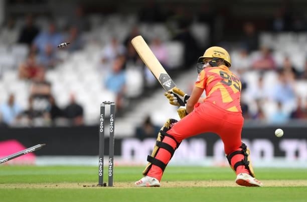Phoenix batter Issy Wong is bowled during the Eliminator match of The Hundred between Oval Invincibles Women and Birmingham Phoenix Women at The Kia...