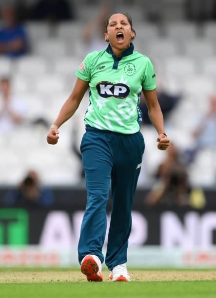 Oval bowler Shabnim Ismail celebrates after dismissing Phoenix batter Izzy Wong during the Eliminator match of The Hundred between Oval Invincibles...