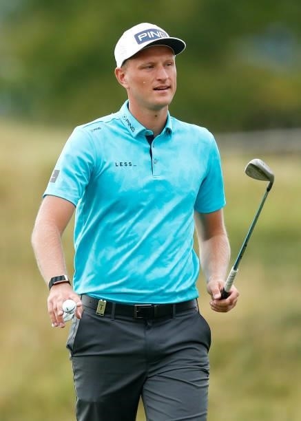 Adrian Meronk of Poland reacts on the 13th hole during Day Two of The D+D Real Czech Masters at Albatross Golf Resort on August 20, 2021 in Prague,...