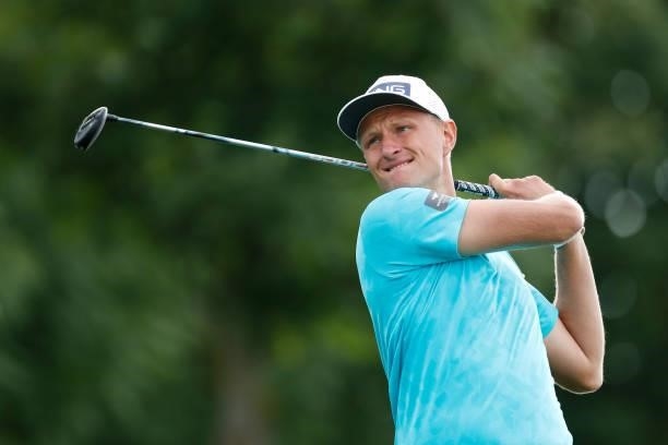 Adrian Meronk of Poland plays a tee shot on the 14th hole during Day Two of The D+D Real Czech Masters at Albatross Golf Resort on August 20, 2021 in...