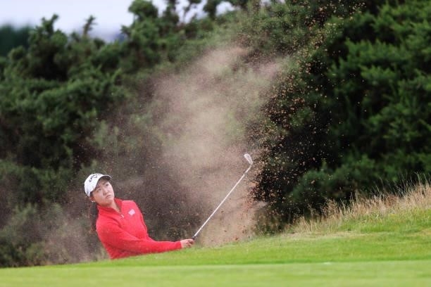 Rose Zhang of The United States plays a bunker shot for her second shot on the fourteenth hole during Day Two of the AIG Women's Open at Carnoustie...