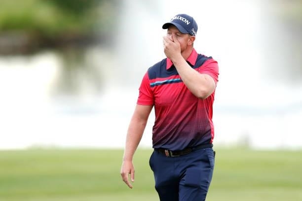 Jacques Kruyswijk of South Africa reacts to a missed putt on the ninth hole during Day Two of The D+D Real Czech Masters at Albatross Golf Resort on...