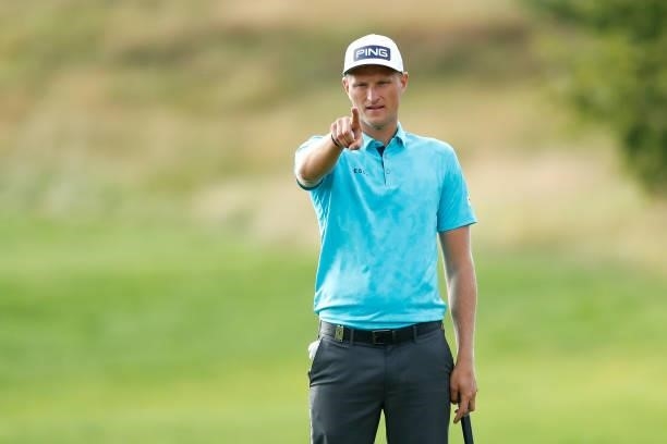 Adrian Meronk of Poland lines up a shot on the 14th hole during Day Two of The D+D Real Czech Masters at Albatross Golf Resort on August 20, 2021 in...