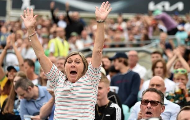 Fans react in the crowd during the Eliminator match of The Hundred between Oval Invincibles Women and Birmingham Phoenix Women at The Kia Oval on...