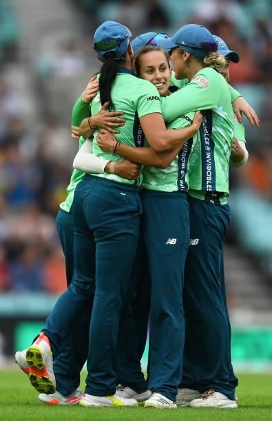 Tash Farrant of Oval Invincibles Women celebrates after taking the wicket of Kirstie Gordon of Birmingham Phoenix Women, the final wicket of the...