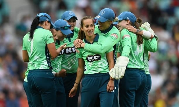 Tash Farrant of Oval Invincibles Women celebrates after taking the wicket of Kirstie Gordon of Birmingham Phoenix Women, the final wicket of the...