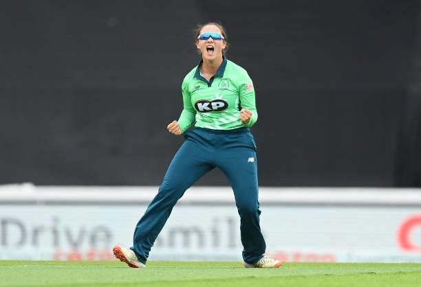 Alice Capsey of Oval Invincibles celebrates after catching Georgia Elwiss of Birmingham Phoenix during the Eliminator match of The Hundred between...
