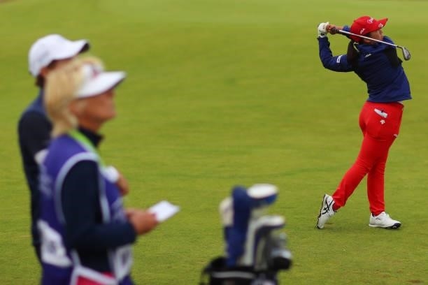 Tsubasa Kajitani of Japan tees off on the seventeenth hole during Day Two of the AIG Women's Open at Carnoustie Golf Links on August 20, 2021 in...