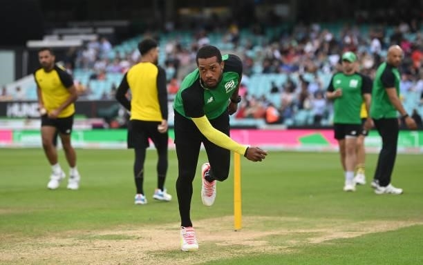 Chris Jordan of Southern Brave Men warms up ahead of the Eliminator match of The Hundred between Southern Brave Men and Trent Rockets Men at The Kia...