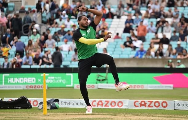 Chris Jordan of Southern Brave Men warms up ahead of the Eliminator match of The Hundred between Southern Brave Men and Trent Rockets Men at The Kia...