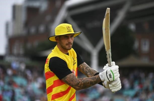 Alex Hales of Trent Rockets Men warms up ahead of the Eliminator match of The Hundred between Southern Brave Men and Trent Rockets Men at The Kia...