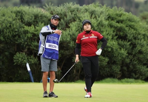 Wichanee Meechai of Thailand prepares to tee off on the ninth hole during Day Two of the AIG Women's Open at Carnoustie Golf Links on August 20, 2021...
