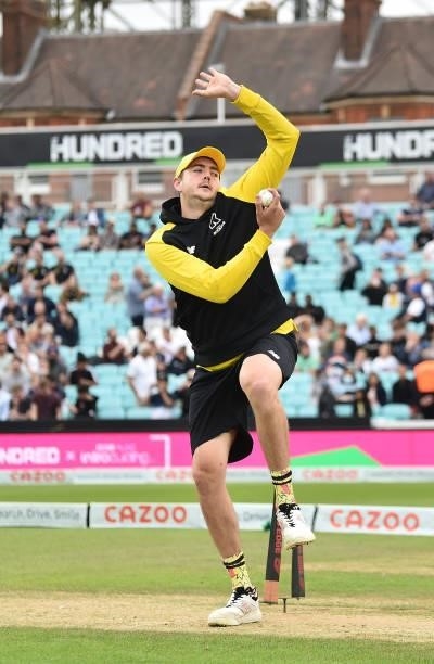 Matthew Carter of Trent Rockets Men warms up ahead of the Eliminator match of The Hundred between Southern Brave Men and Trent Rockets Men at The Kia...