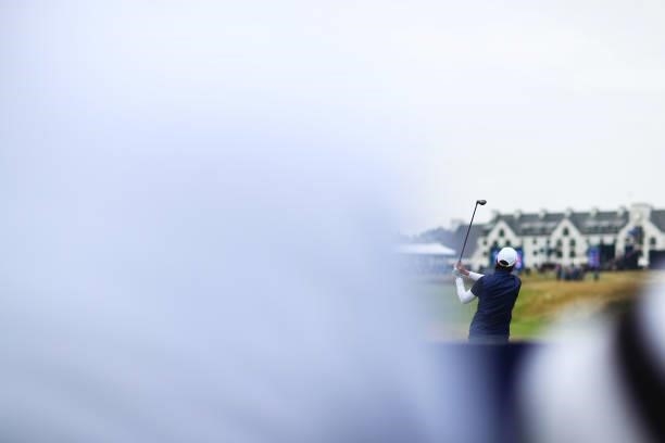 Catriona Matthew of Scotland tees off on the sixteenth hole during Day Two of the AIG Women's Open at Carnoustie Golf Links on August 20, 2021 in...