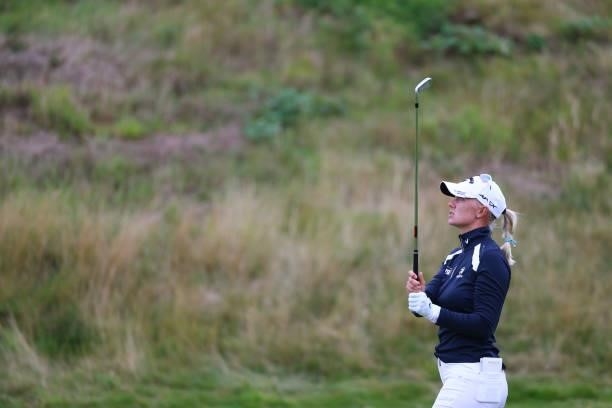 Madelene Sagstrom of Sweden plays her second shot on the fifteenth hole during Day Two of the AIG Women's Open at Carnoustie Golf Links on August 20,...