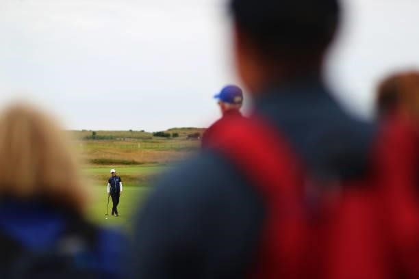 Catriona Matthew of Scotland stands on on the fourteenth green during Day Two of the AIG Women's Open at Carnoustie Golf Links on August 20, 2021 in...