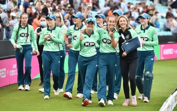 Alice Capsey and Tash Farrant of Oval Invincibles Women celebrates following the Eliminator match of The Hundred between Oval Invincibles Women and...
