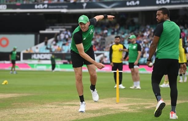 Craig Overton of Southern Brave Men warms up ahead of the Eliminator match of The Hundred between Southern Brave Men and Trent Rockets Men at The Kia...